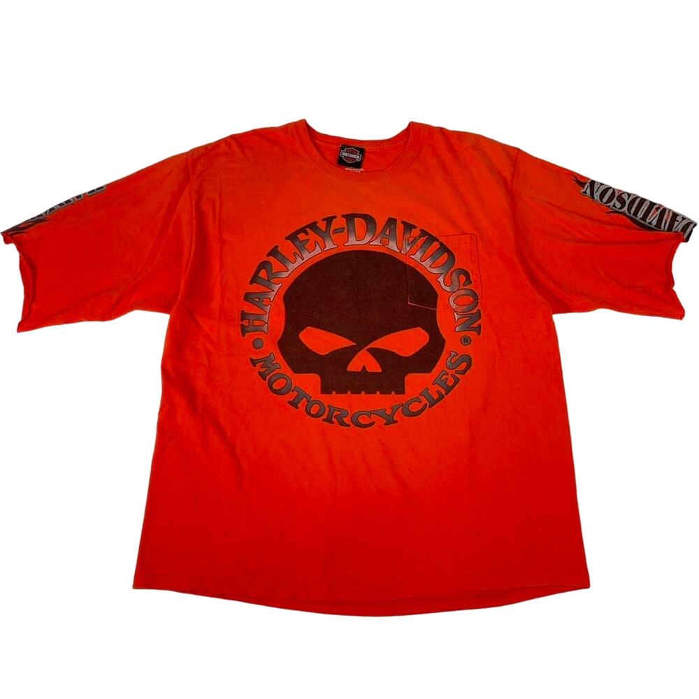 Harley Davidson Orange Skull Short Sleeve Cutoff Biker Motorcycle Shirt Size XL